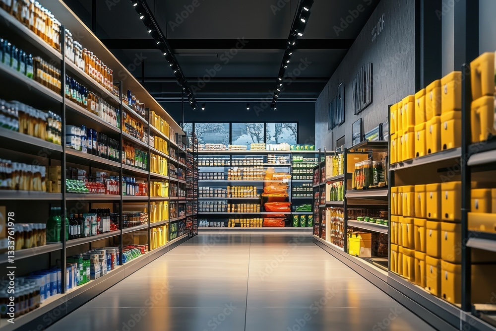 A large grocery store with aisles of food and a freezer section A large grocery store with aisles of food and a freezer section
