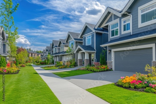 Suburban homes, sunny day, manicured lawns, flower gardens, walkway