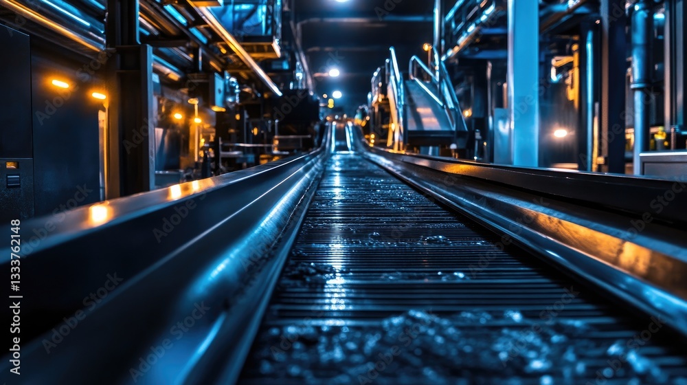 Fototapeta premium Industrial Conveyor Belt at Night in a Modern Factory Setting