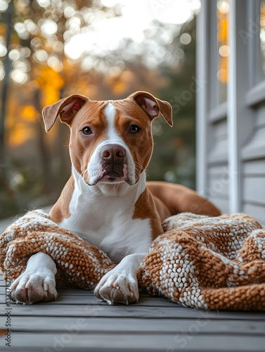 A pitbull lying on a porch with a cozy blanket beside it