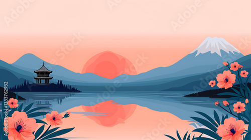Serene Asian Lake Sunset with Pagoda and Mount Fuji