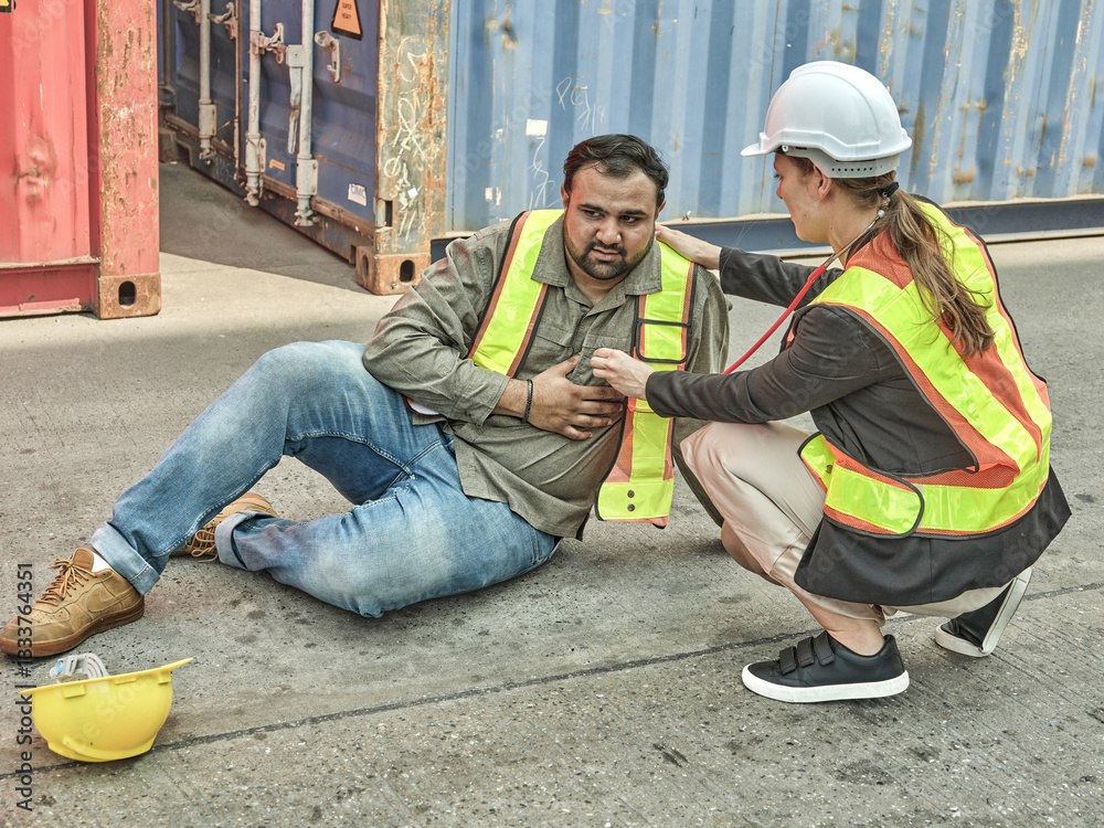 Elderly male worker suffers heart attack at container shipping site; safety team and engineers provide first aid by performing CPR and call for medical professionals from hospital