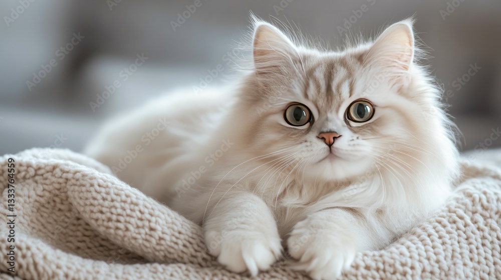 Obraz premium Adorable fluffy cat resting on cozy knitted blanket indoors