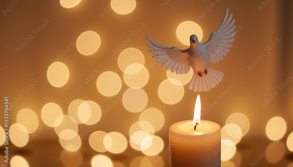 Fototapeta premium Dove flying over candle with bokeh background 