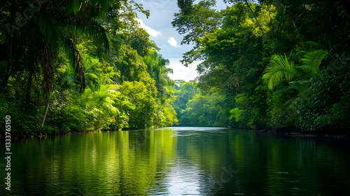 Verdant jungle river snaking through lush foliage with its emerald surface reflecting canopy of towering trees and exotic flora