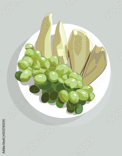 Vector fruits on plate, fresh green grapes and pear, bio food