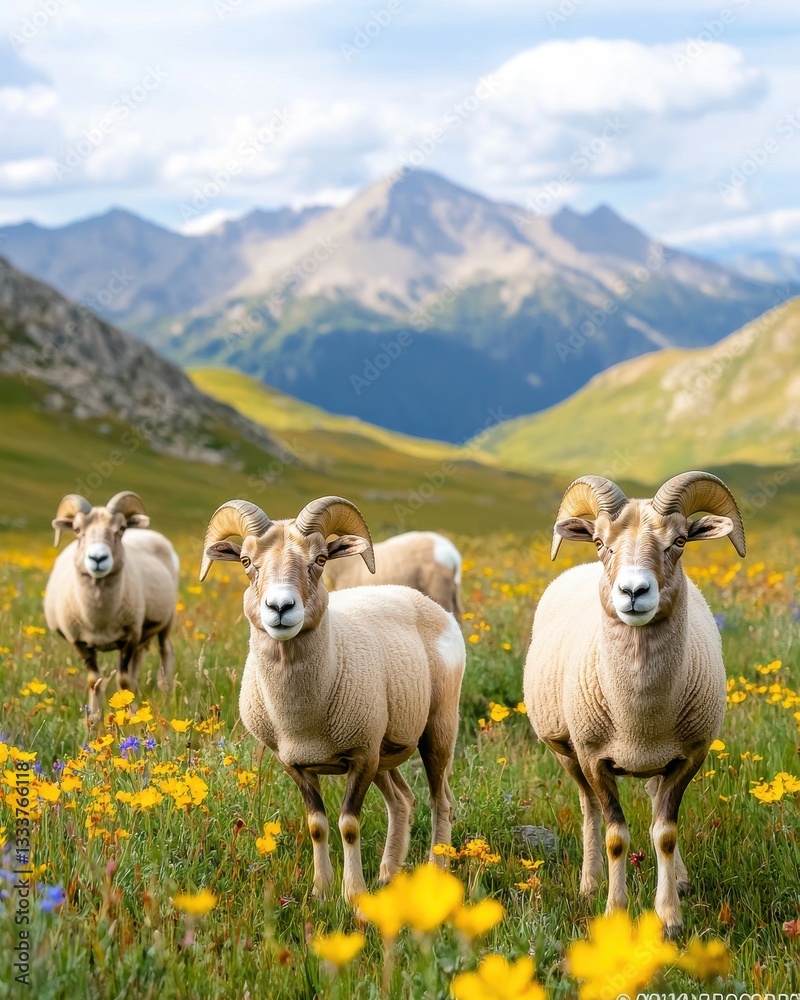 Fototapeta premium Biome Diversity, Four sheep stand in a colorful meadow with mountains in the background under a bright sky.
