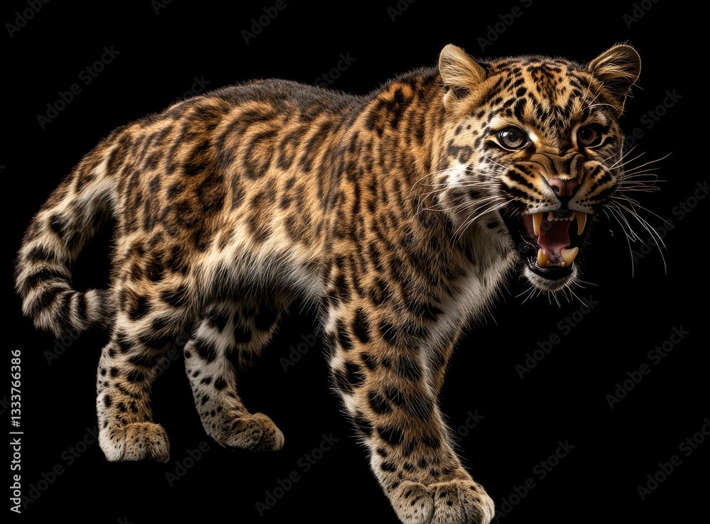 Obraz premium Majestic and Fierce Leopard Roaming in Dark Environment with Intense Gaze and Sharp Claws Highlighting Its Powerful Presence and Natural Beauty