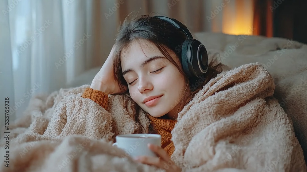 Comfortable Young Girl Relaxing with Headphones and a Mug