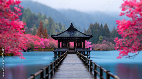 Serene Japanese Pavilion Lake Spring Blossoms