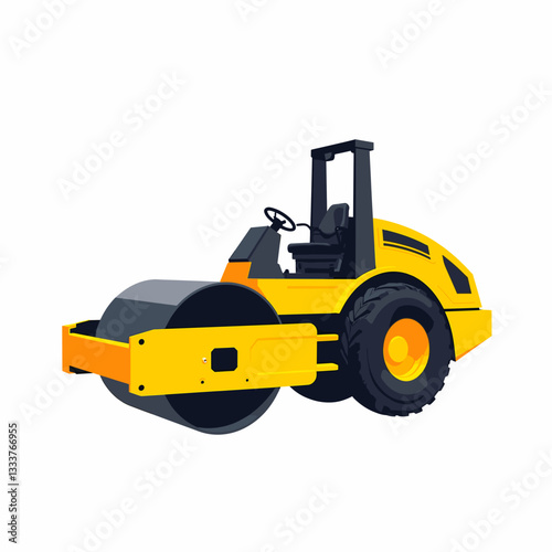 Vibrant yellow vibratory compactor on a white background, construction tool