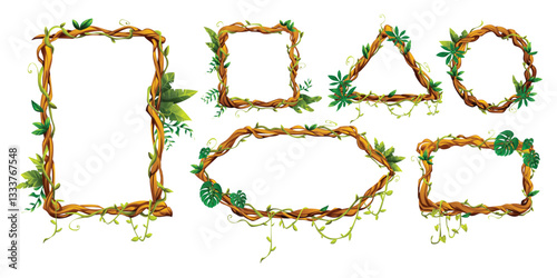 Natural liana vine frame designs with various shapes and botanical elements. Ideal for nature themed or rustic design projects. Vector cartoon illustration