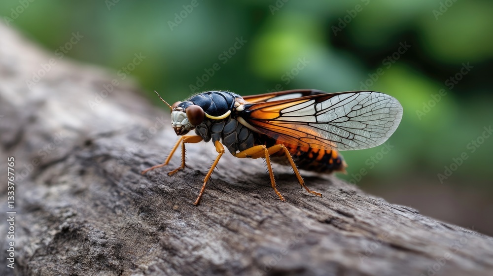 Close-Up of Vibrant Cicada with Orange and Black Patterns on Wood Close-Up of Vibrant Cicada with Orange and Black Patterns on Wood