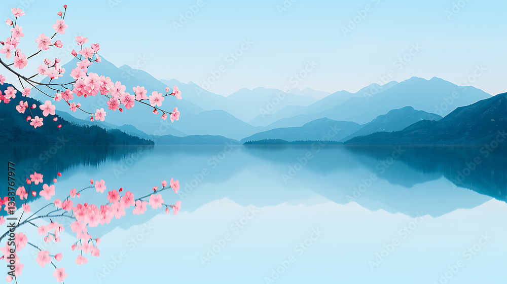 Serene Lake Landscape with Cherry Blossoms