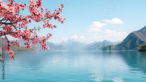 Obraz na płótnie Serene Lake Spring Blossoms Mountain View w salonie