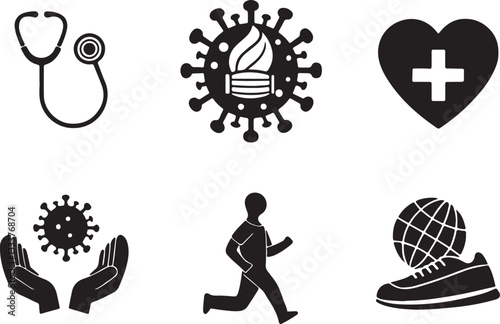 Flat black filled world health day vector icons set, using solid color illustration, isolated on a white background.