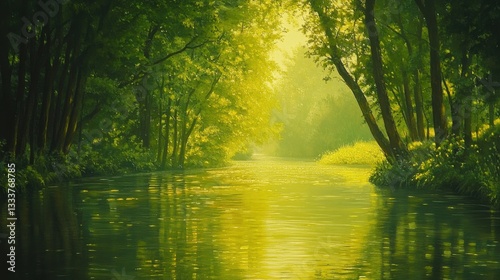 Serene Green River Surrounded by Lush Trees and Soft Light