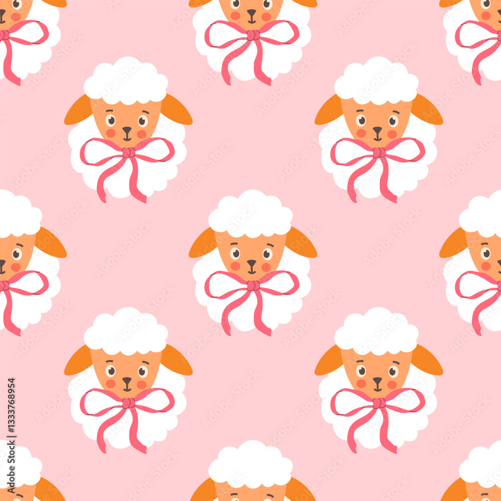 Seamless pattern with cute sheep with bows on a pink background Seamless pattern with cute sheep with bows on a pink background