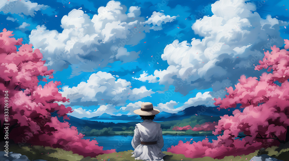 Serene Lakeside View with Cherry Blossoms