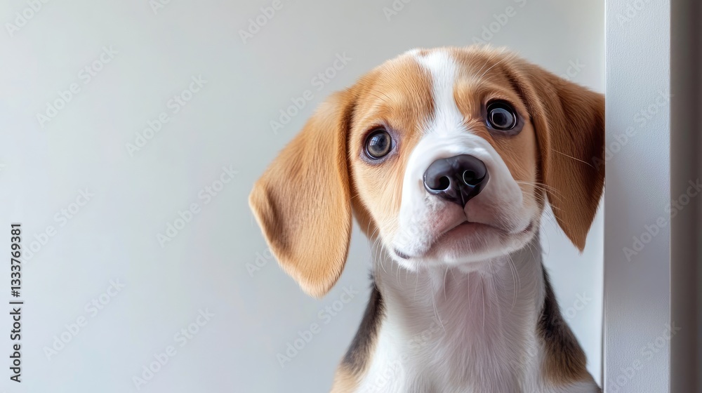 Cute Beagle Puppy with Big Eyes and Playful Expression in Interior Cute Beagle Puppy with Big Eyes and Playful Expression in Interior
