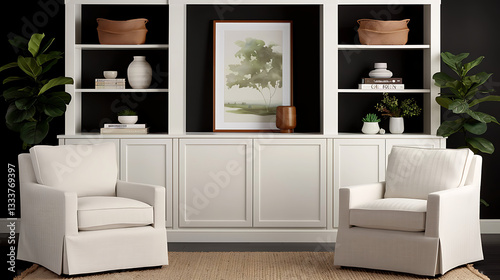 Obraz na płótnie Serene Living Room with Built-in Shelving w salonie