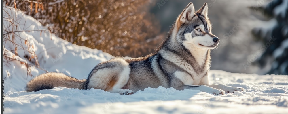 Obraz premium Arctic Majesty: A majestic wolf with a striking gaze lounges regally in a snowy landscape. A captivating depiction of the untamed beauty and resilience of the wilderness