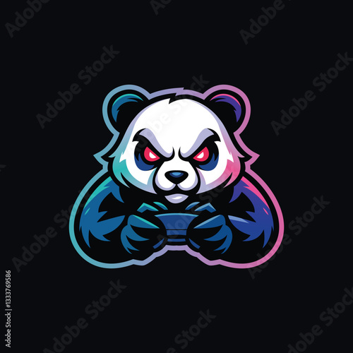 panda head esport gaming logo vector illustration with neon color design, logo panda head esport style