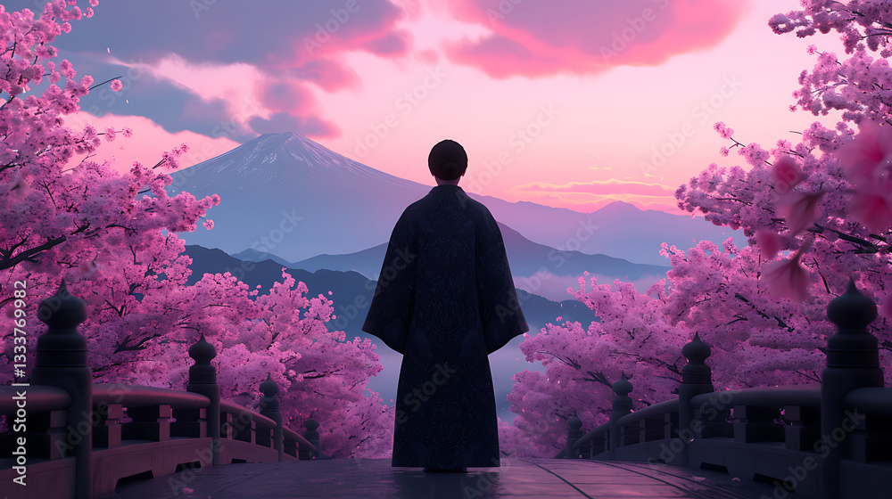 Serene Monk Contemplates Mount Fuji's Dawn
