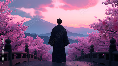 Serene Monk Contemplates Mount Fuji's Dawn