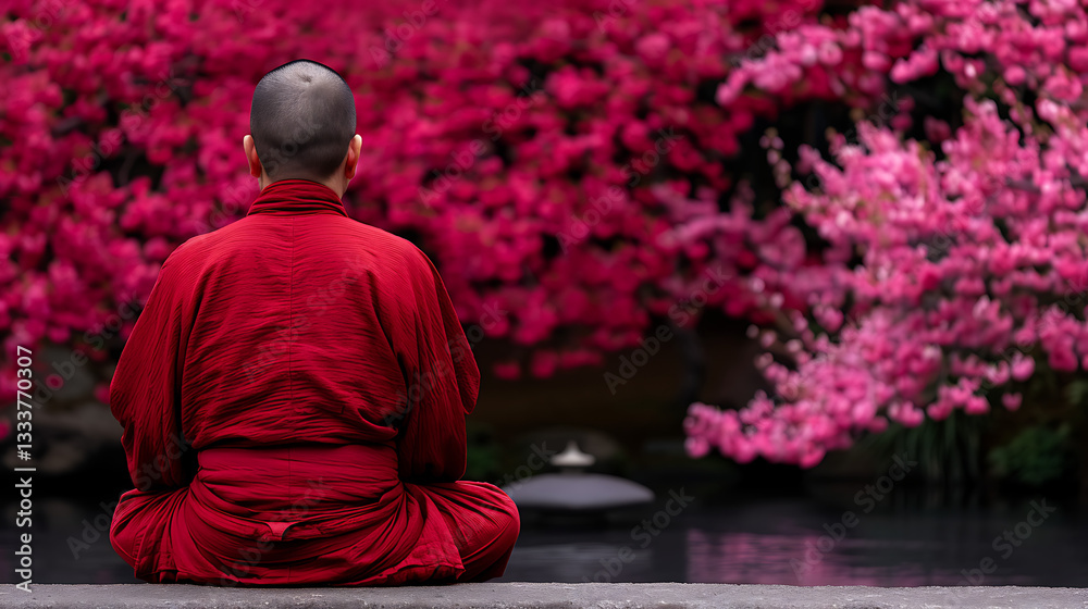 Serene Monk Meditates Amidst Blooming Flowers