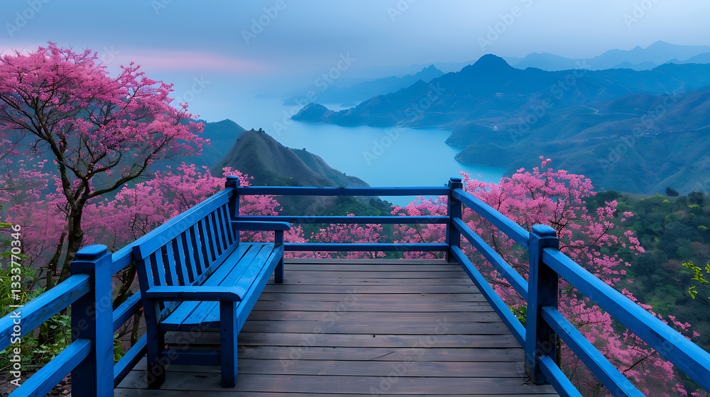 Serene Mountain Lake View with Cherry Blossoms