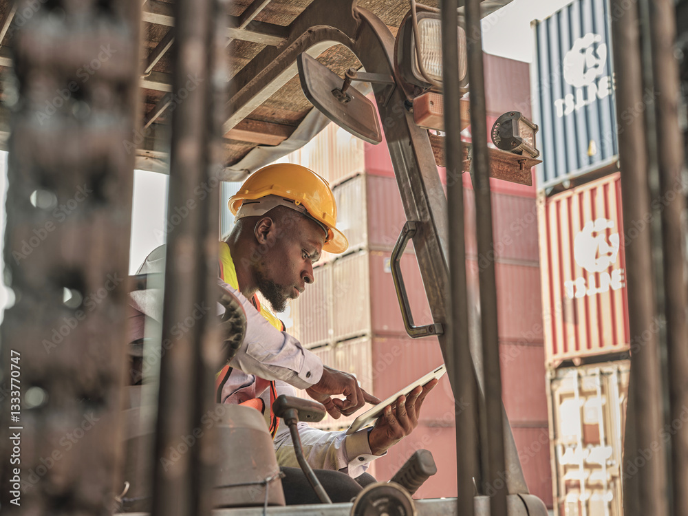 A forklift operator wearing a hard hat and safety gear is working in a warehouse, loading and moving containers and cargo