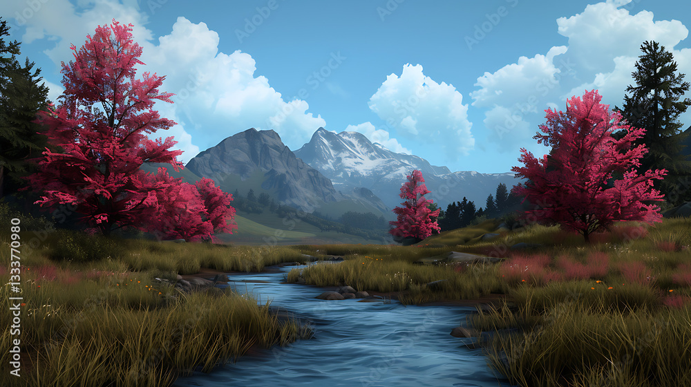 Serene Mountain Stream with Pink Trees