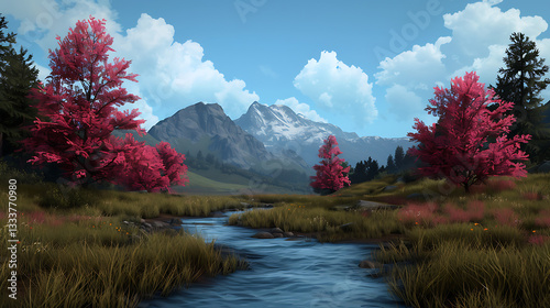Obraz na płótnie Serene Mountain Stream with Pink Trees w salonie