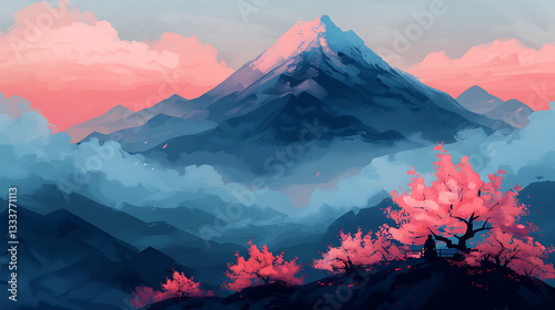 Serene Mountain Vista with Cherry Blossoms