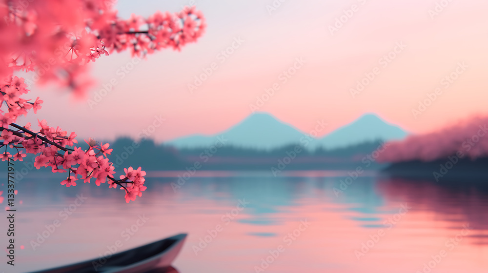 Serene Pink Blossom Lake at Dawn