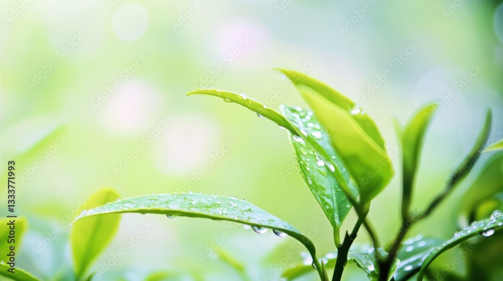 Delicate tea leaf amidst spring raindrops, embodying serenity and renewal. Delicate tea leaf amidst spring raindrops, embodying serenity and renewal.
