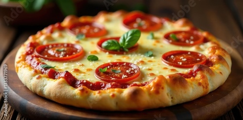 Crispy crust topped with tangy tomato sauce, meaty sausage, pepperoni, and smoky bacon, finished with a sprinkle of parmesan cheese, cheesy, tomato sauce, pepperoni