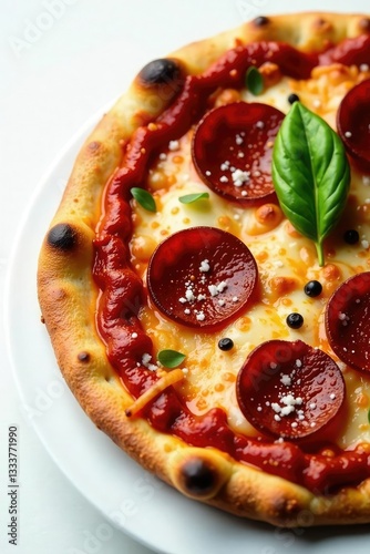 Crispy crust topped with tangy tomato sauce, meaty sausage, pepperoni, and smoky bacon, finished with a sprinkle of parmesan cheese, parmesan, crispy