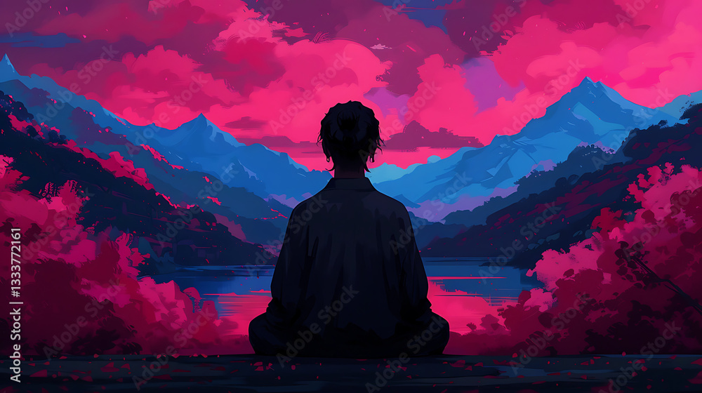 Serene Person Meditating Mountain Lake Sunset