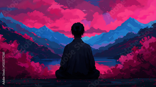 Obraz na płótnie Serene Person Meditating Mountain Lake Sunset w salonie