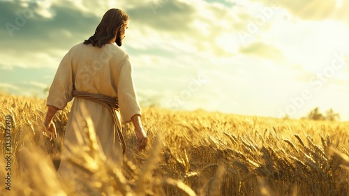 A charming 3D render of Jesus walking through a golden wheat field, sunlight illuminating His face, symbolizing peace, guidance, and spiritual abundance.
