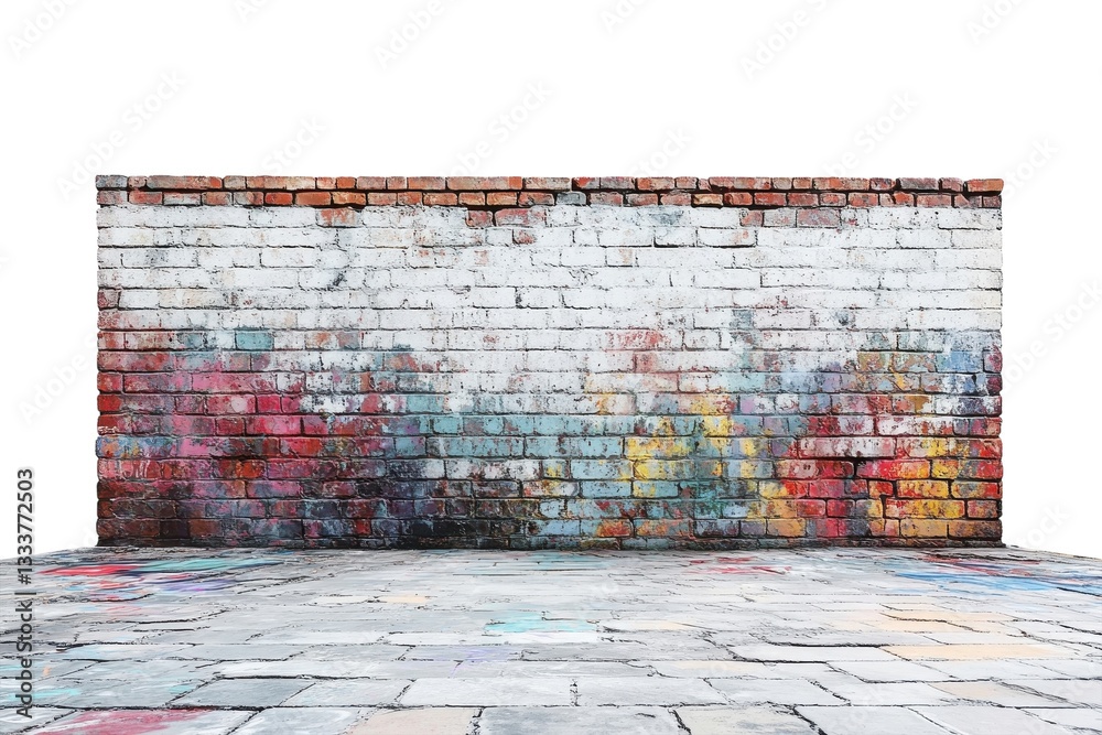 Naklejka premium A Weathered Brick Wall, A Canvas Of Faded Graffiti, Tells Stories Of Forgotten Art And Urban Resilience Against A Simple, Stone-paved Ground Isolated on Transparent Background