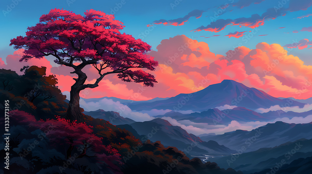Serene Pink Blossom Tree Mountain Vista