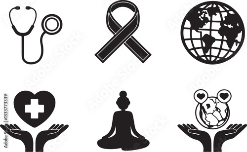 Health day vector and illustration silhouette icons, isolated on a white background.