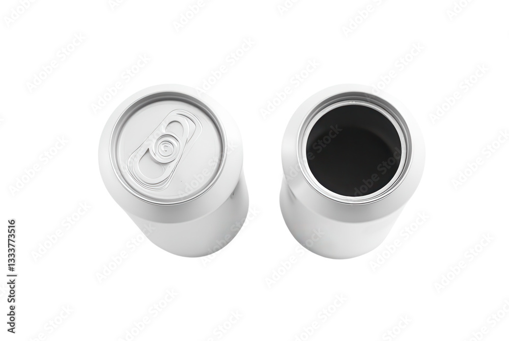 Two Blank Aluminum Cans with Open and Closed Tops, Isolated Background Two Blank Aluminum Cans with Open and Closed Tops, Isolated Background