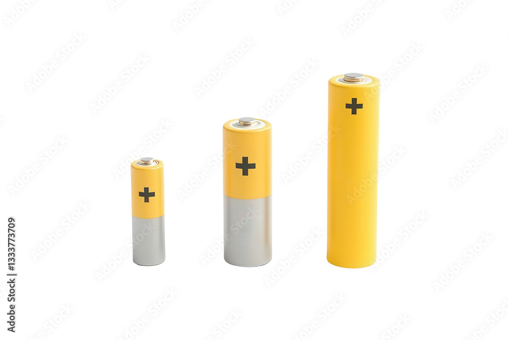 Three Different Sizes of Alkaline Batteries Isolated on White Background Three Different Sizes of Alkaline Batteries Isolated on White Background