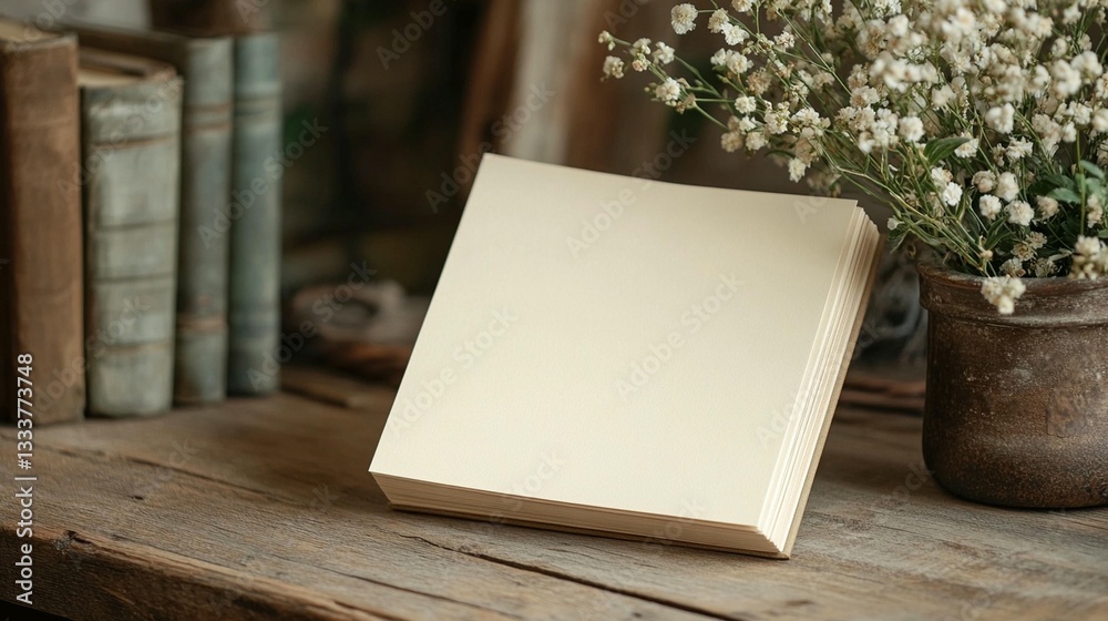Fototapeta premium Blank Book, Rustic Table, Flowers