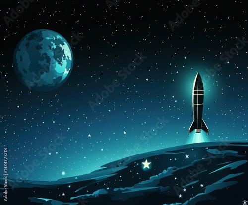 cosmonautics day event: space background with russian rocket, earth, moon, and glowing stars