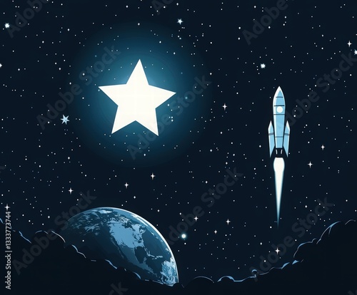 cosmonautics day event: space background with russian rocket, earth, moon, and glowing stars